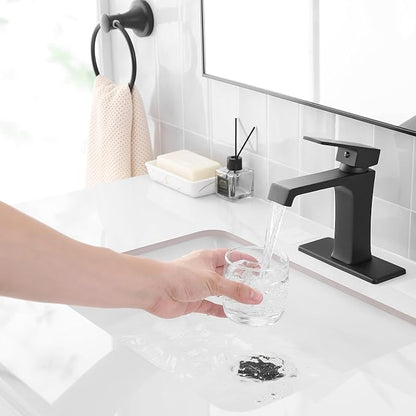 Waterfall Bathroom Faucet Black Bathroom Sink Faucet, Modern Single Hole Bathroom Faucet, Single Handle RV Sink Vanity Faucet—Includes Pop-Up Drain, Suitable for 1-Hole or 3-Hole