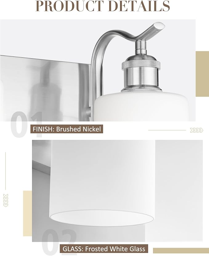 3-Light 19 Inch Bathroom Vanity Light,White Frosted Glass,Nickel | Brushed Nickel,Over Mirror Wall Light,E26 sockets,for bathroom mirror,powder room,dressing area