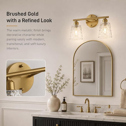 Brushed Gold Bathroom Vanity Light Over Mirror, 2-Light Stainless Steel Wall Mount Fixture with Textured Glass Shades, Modern Vanity Lighting, E26 Sockets (Bulbs Not Included)
