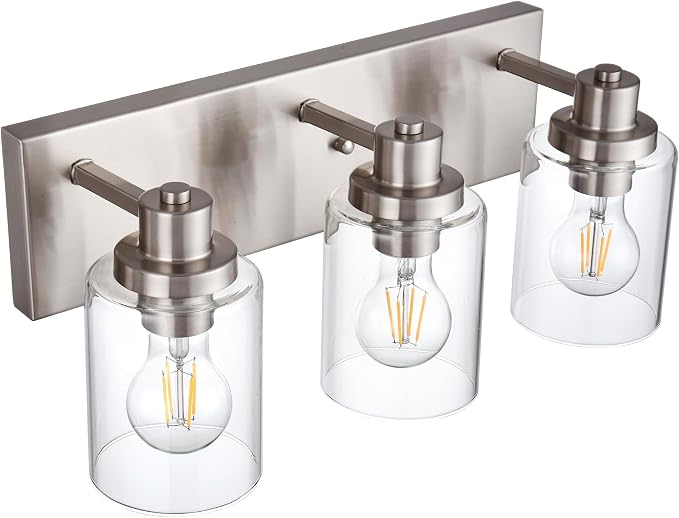 3 Light Bathroom Vanity Light Brushed Nickel Bathroom Lighting Fixtures Over Mirror with Clear Glass Shade, Modern Farmhouse Wall Sconces Vanity Lights for Bedroom Living Room