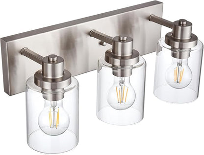 3 Light Bathroom Vanity Light Brushed Nickel Bathroom Lighting Fixtures Over Mirror with Clear Glass Shade, Modern Farmhouse Wall Sconces Vanity Lights for Bedroom Living Room