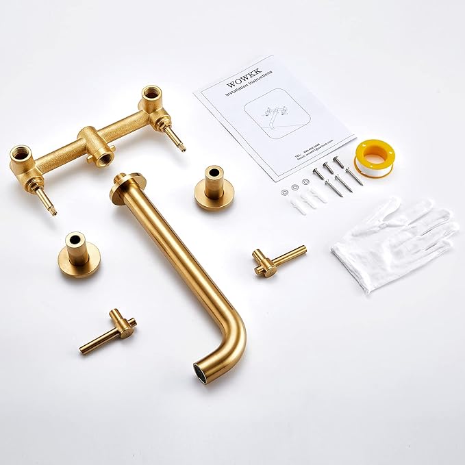 Wall Mount Tub Filler Brushed Gold Tub Faucet Brass Bathroom Bathtub Faucets with 2 Handles