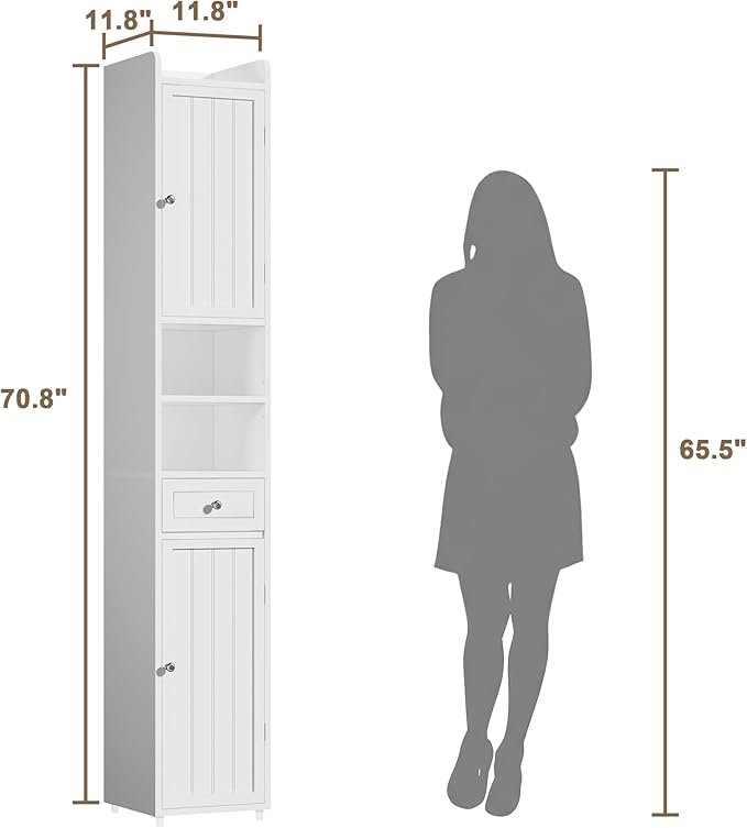 ChooChoo Bathroom Storage Cabinet with Adjustable Shelves, Tall Storage Cabinet with 2 Doors and 1 Drawer, Freestanding Cupboard for Small Spaces, White, 11.8 Inches Wide