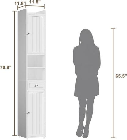 ChooChoo Bathroom Storage Cabinet with Adjustable Shelves, Tall Storage Cabinet with 2 Doors and 1 Drawer, Freestanding Cupboard for Small Spaces, White, 11.8 Inches Wide