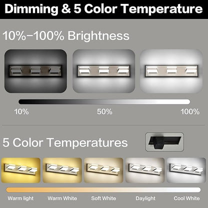 PRESDE 3-Light LED Bathroom Light Fixtures Over Mirror Brushed Nickel Vanity Light for Bathroom Modern Bath Wall Lighting Dimmable 5CCT