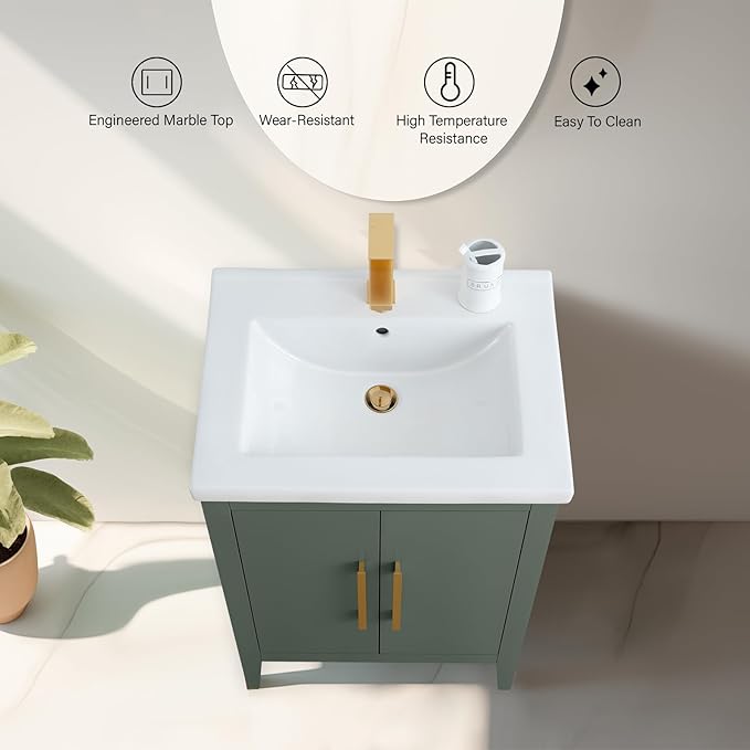 Vanity Art 24 inch Bathroom Vanity with Single Sink & Ceramic Top, Vanity Cabinet with Soft-Closing Doors, Solid Wood Frame, Vintage Green,VA9024-VG-MB1