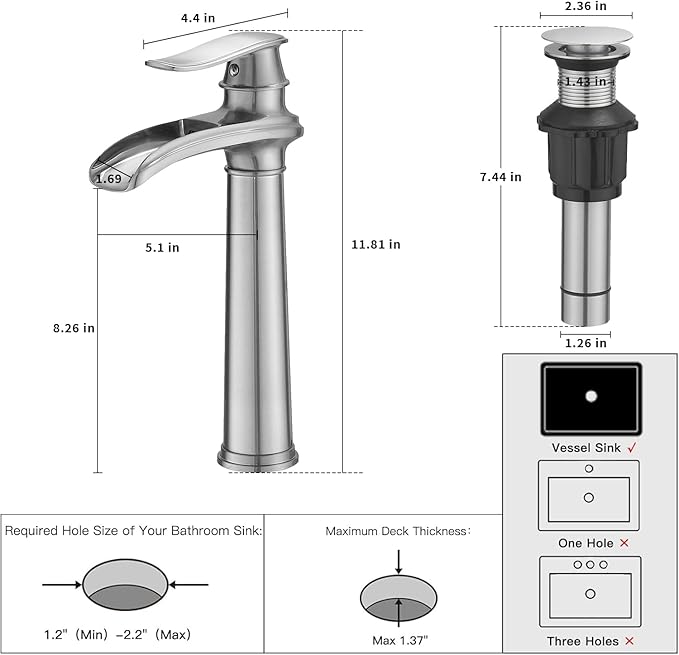 BWE Vessel Sink Faucet Brushed Nickel Tall Waterfall Bathroom Faucet Deck Mount Single Handle One Hole Lavatory Vanity Faucet with Pop Up Drain Assembly and Supply Hose