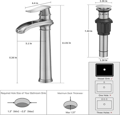 BWE Vessel Sink Faucet Brushed Nickel Tall Waterfall Bathroom Faucet Deck Mount Single Handle One Hole Lavatory Vanity Faucet with Pop Up Drain Assembly and Supply Hose