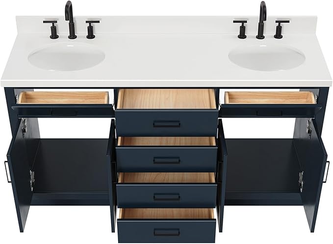 ARIEL Hepburn 66-inch Bathroom Vanity with Sink,Solid Wood, 1.5-inch Pure White Quartz Countertop & Backsplash, Double Oval Porcelain Sink, 4 Soft Closing Doors, 6 Dovetail Drawers, Midnight Blue