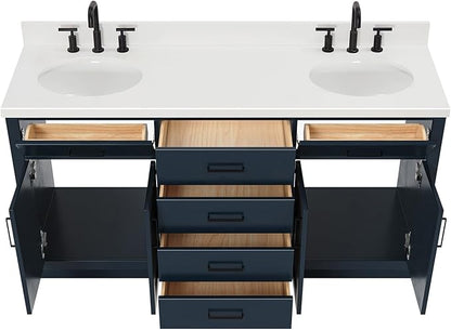 ARIEL Hepburn 66-inch Bathroom Vanity with Sink,Solid Wood, 1.5-inch Pure White Quartz Countertop & Backsplash, Double Oval Porcelain Sink, 4 Soft Closing Doors, 6 Dovetail Drawers, Midnight Blue