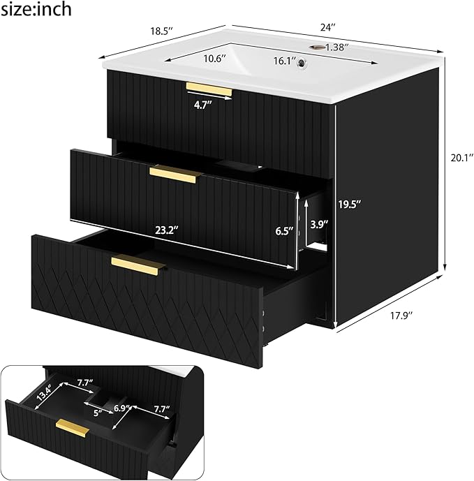 24 Inch Bathroom Vanity with Sink, Wall Mounted Bathroom Storage Cabinet with 2 Drawers, Floating Bathroom Vanities with Decor Line