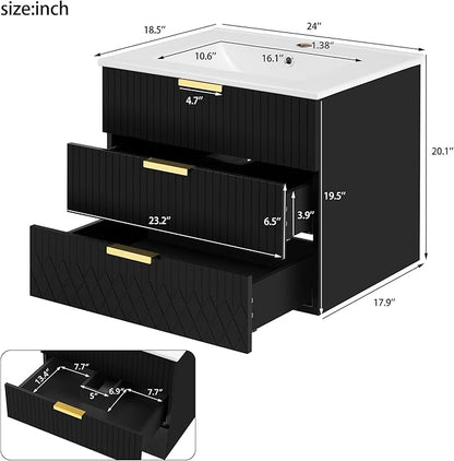 24 Inch Bathroom Vanity with Sink, Wall Mounted Bathroom Storage Cabinet with 2 Drawers, Floating Bathroom Vanities with Decor Line