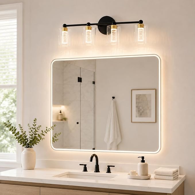 Black and Gold Vanity Light with 3 Color Modes, Eye Protection LED Bathroom Light Fixtures, Dimmable Modern Wall Light Over Mirror with Clear Glass Shade (Black & Gold, 4-Light)