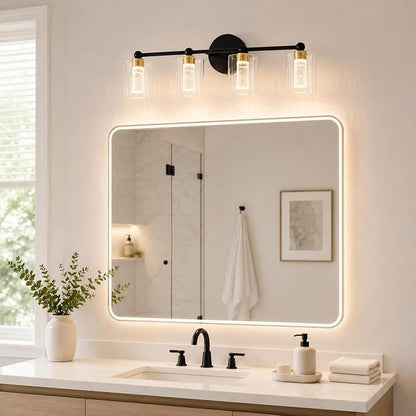 Black and Gold Vanity Light with 3 Color Modes, Eye Protection LED Bathroom Light Fixtures, Dimmable Modern Wall Light Over Mirror with Clear Glass Shade (Black & Gold, 4-Light)