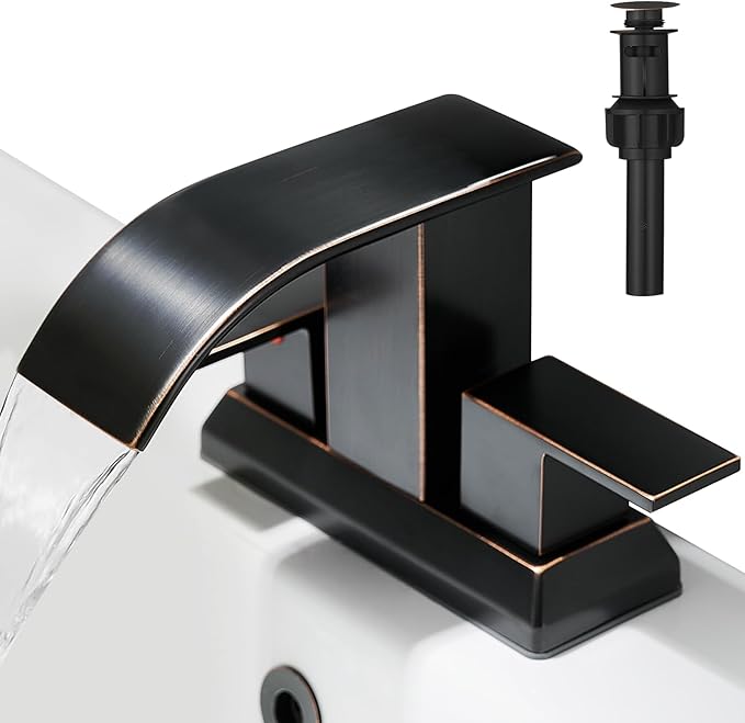 Hoimpro 3 Holes 4 Inch Bathroom Faucet, Waterfall Oil Rubbed Bronze Bathroom Faucet Two Handles Centerset Bathroom Sink Faucet Vanity Sink Faucet with cUPC Supply Hoses and Pop Up Drain