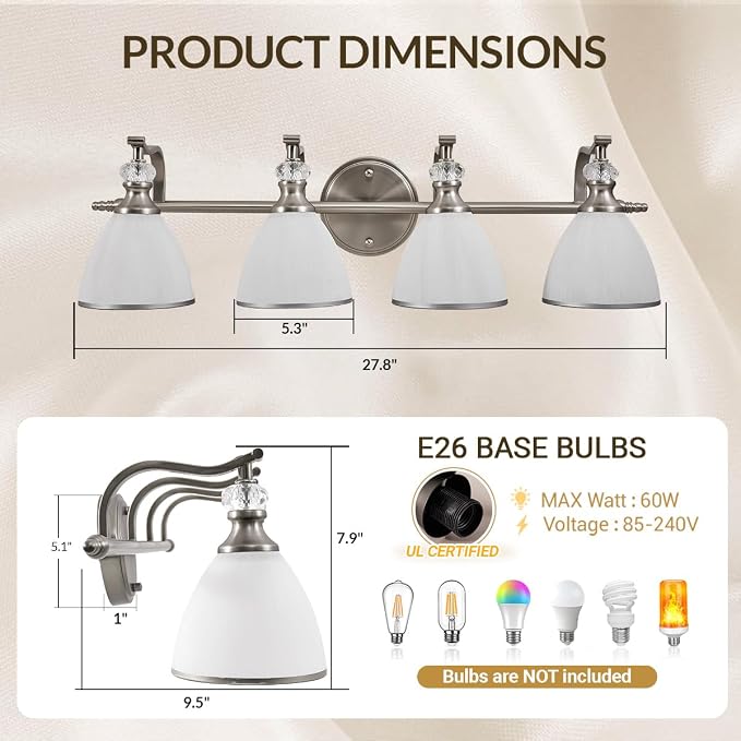 Bathroom Light Fixtures Over Mirror, 4-Light Brushed Nickel Vanity Lights for Bathroom, 27.8 Inch Vintage Wall Sconce with Milk White Bell Glass Shades, Rustproof Silver Finish, E26 Base