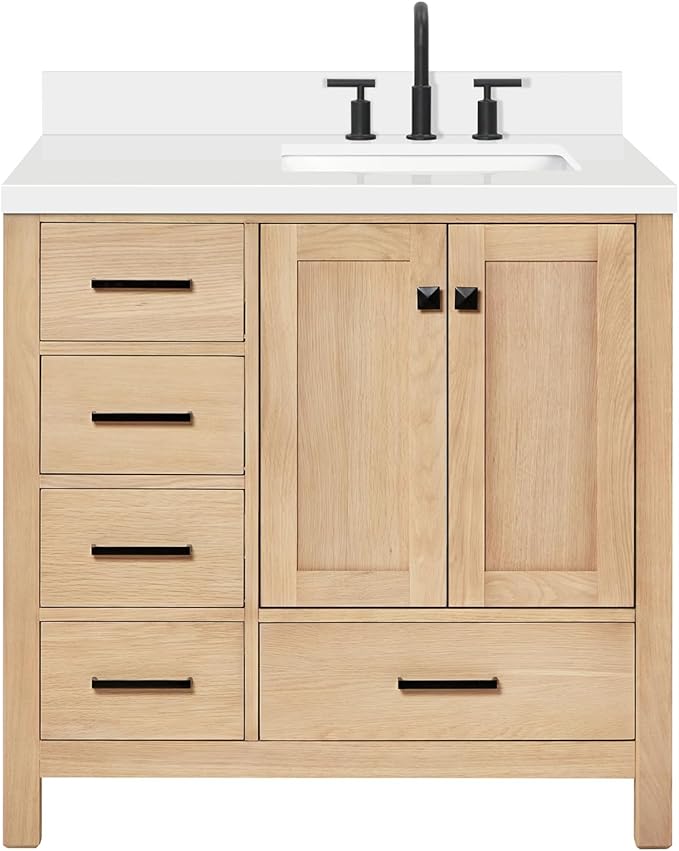 ARIEL 37 inch Bathroom Vanity top with Sink, 1.5 Inch Thick Miter Edge White Quartz top, Right Offset Vanity top with Rectangle Porcelain Sink, Includes Backsplash