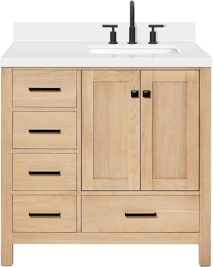 ARIEL 37 inch Bathroom Vanity top with Sink, 1.5 Inch Thick Miter Edge White Quartz top, Right Offset Vanity top with Rectangle Porcelain Sink, Includes Backsplash