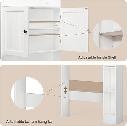 Ahomly Over The Toilet Storage Cabinet, 32.3" W x 70.3" H Over Toilet Bathroom Organizer with Doors, Adjustable Shelves, Toilet Paper Holder, 2 Side Hooks, Space-Saver for Bathroom, Laundry, White