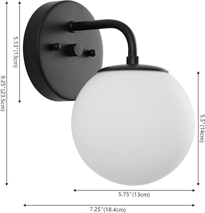 JONATHAN Y 5.75" Black 1-Light Modern Globe Wall Sconce Vanity Light for Bathroom, White Frosted Glass Shade, Midcentury Parisian Bistro Wall Lamp, LED Bulb Included (JYL3534B)