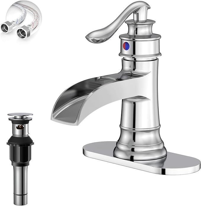 Bathroom Sink Faucet Waterfall Chrome Single Handle Single Hole | 1 Hole or 3 Hole,Pop-up Drain,Deck Panel,Supply Line,Easy to Clean,Simple Installation,Rust Resistant for Long-Lasting Use