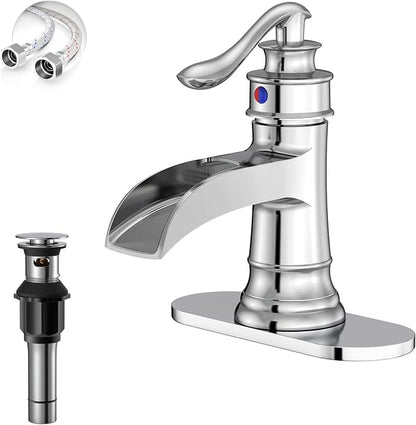 Bathroom Sink Faucet Waterfall Chrome Single Handle Single Hole | 1 Hole or 3 Hole,Pop-up Drain,Deck Panel,Supply Line,Easy to Clean,Simple Installation,Rust Resistant for Long-Lasting Use