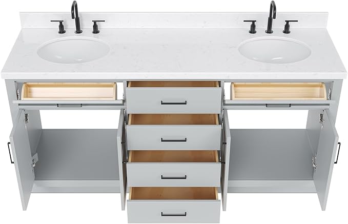 ARIEL Hepburn 72-inch Bathroom Vanity with Sink,Solid Wood, 1.5-inch Carrara White Quartz Countertop & Backsplash, Double Oval Porcelain Sink, 4 Soft Closing Doors, 6 Dovetail Drawers, Grey