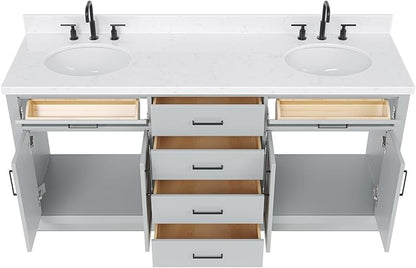 ARIEL Hepburn 72-inch Bathroom Vanity with Sink,Solid Wood, 1.5-inch Carrara White Quartz Countertop & Backsplash, Double Oval Porcelain Sink, 4 Soft Closing Doors, 6 Dovetail Drawers, Grey