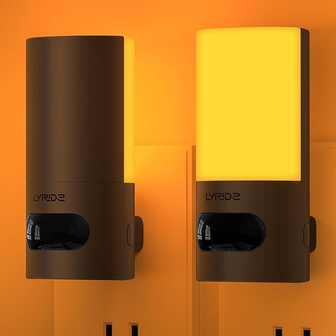 Plug-in LED Amber Night Light with Motion Sensor, Rotatable, Dimmable Backlit Nightlight, 1-150lm Adjustable Brightness for Bathroom, Bedroom, Hallway, Stairs, 2 Pack
