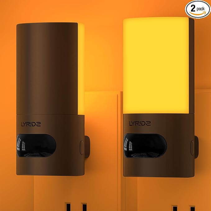 Plug-in LED Amber Night Light with Motion Sensor, Rotatable, Dimmable Backlit Nightlight, 1-150lm Adjustable Brightness for Bathroom, Bedroom, Hallway, Stairs, 2 Pack