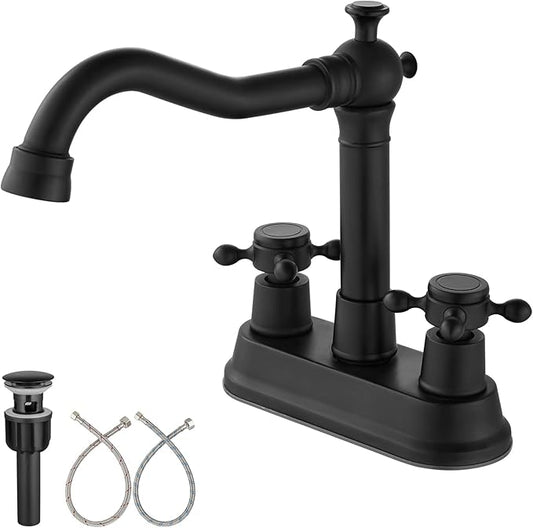 Aolemi 4 Inch Centerset Bathroom Sink Faucet Vintage 2 Cross Handle RV Mixer Tap Basin Vanity Lavatory Utility for Sink 3 Hole Include Hoses Pop Up Drain Faucet Handle Without Label Matte Black