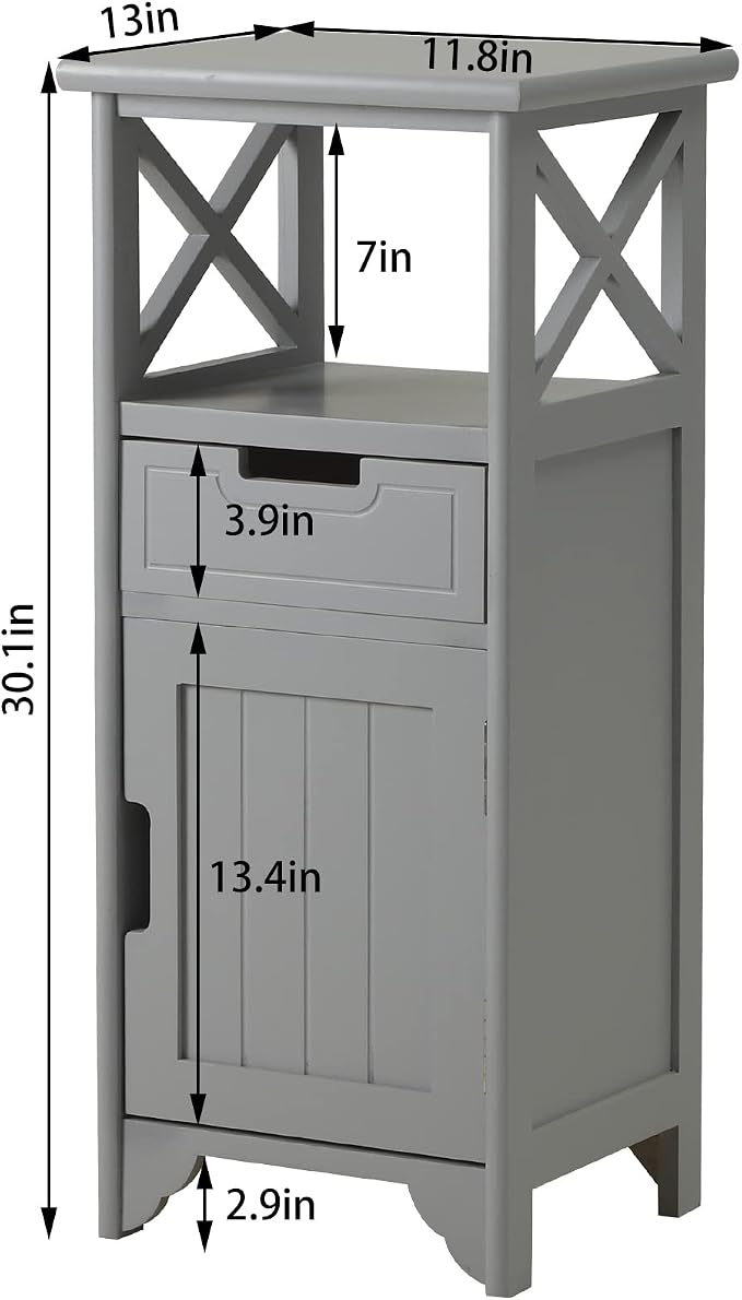 Tall Nightstand with Shelf and Drawer, Narrow End Table with Door for Bathroom Entryway Bedroom Bedroom, Gray | Solid Wood; Fully Assembled; Drawer & Door Storage; Open Shelf; Slim Design; Bathroom Cabinet, Nightstand & Side Table