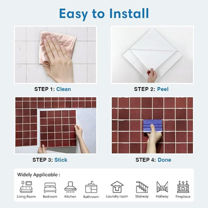 Thicker 3D Peel and Stick Backsplash Tiles, 10 Pcs 12" x 12" | Red, Glossy Self Adhesive Backsplash Sticker for Renter Friendly Kitchen Bathroom Wall Makeover, Cover 10 sq ft，Removable