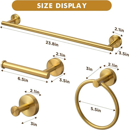 Gorlary Gold Bathroom Accessories, Bathroom Hardware Set Wall Mounted | 24” Towel Bar, Towel Ring Holder, Toilet Paper Holder and 3 Towel Hooks