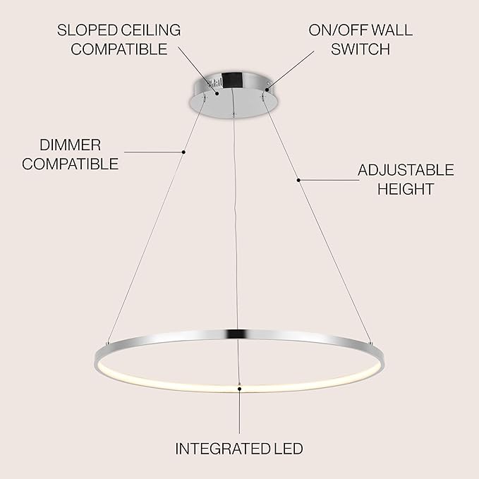 JONATHAN Y 23.75" Chrome Modern Integrated LED Pendant Light, Dimmable Round Hoop Chandelier for Kitchen Island, Dining Room, Adjustable Height Metal Hanging Light (JYL7203C)