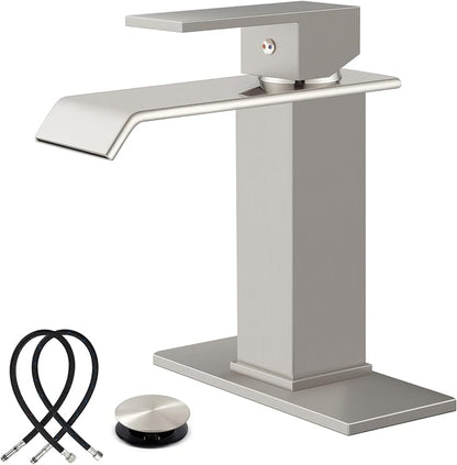 Midanya Waterfall Bathroom Sink Faucet 1 Hole,Brushed Nickel | with cUPC Hoses,Pop Up Drain,Deck Plate,for 1 or 3 hole sink,Vanity,RV,Lavatory,Basin,Farmhouse,Stainless Steel,Single Handle
