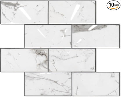 STICKGOO Subway Tile Peel and Stick Backsplash, Glossy White Marble PVC Self Adhesive Tile Backsplash, Stick on Tile for Kitchen and Bathroom(10 Sheets)