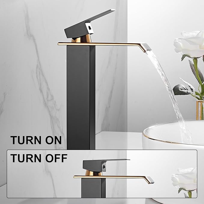 Matte Black Bathroom Faucet Golden Waterfall Vessel Sink Faucet Single Handle Bowl Vanity Sink Faucet Modern Single Hole Basin Bathroom Sink Faucet with Pop Up Drain and Faucet Supply Hose