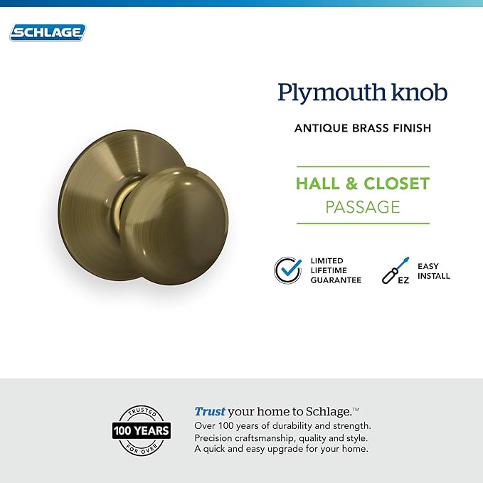 SCHLAGE F10 PLY 609 16-080 10-027 Plymouth Hall and Closet Knob, Antique Brass