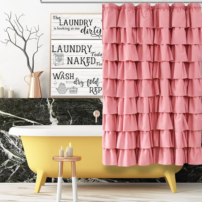 Pink Ruffle Shower Curtain for Bathroom, 72x72 inch, Ruffled Layered Fabric | Cascading Ruffle Tiers, Standard 72 X 72 Size, 7ft, Soft Microfiber Fabric, 12 Hooks Included, Machine Washable, Farmhouse