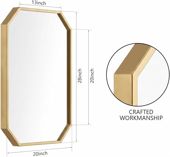 20x28 Inch Octagon Mirror for Bathroom Gold Wall Mirror Rectangle Mirror | Gold Bathroom Mirror Metal Frame Wall Mirror Decorative Rustic Accent Vanity Mirror Hanging for Over Sink Entryway
