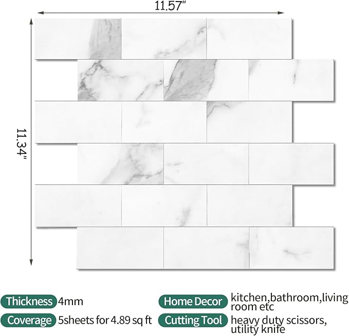2026 New Upgrade Peel and Stick Backsplash Tile, Peel and Stick 11.34" X 11.57" Wall Tile for Kitchen, Bathroom, Fireplace, Laundry (Bright White, 20 Packs)