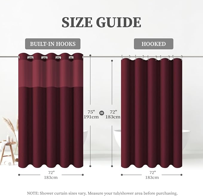 Burgundy Ringless Linen Look Shower Curtain with Snap in Liner, 72x75 | 3 in 1 Hotel Shower Curtain Set, Removable Liner, Waterproof & Washable, Mesh Top Window, Durable Fabric, Easy to Install