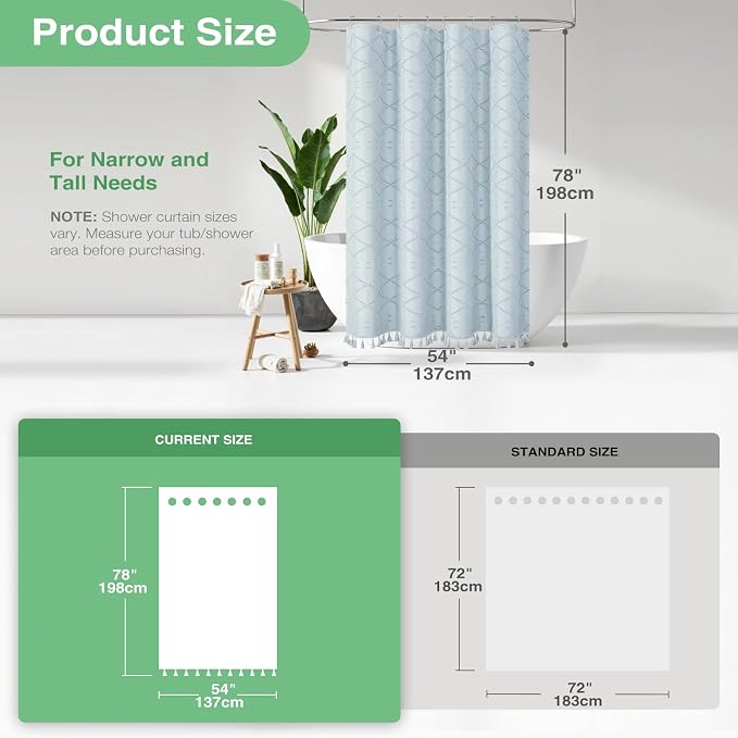 Stall Boho Shower Curtain Tufted Geometric 54"x78" Fog Blue | 54 x 78 inch Long, Elegant Tassel, Lightweight Textured Fabric, Water Repellent, Washable, for Narrow Bathroom/Dorm 10 Hooks