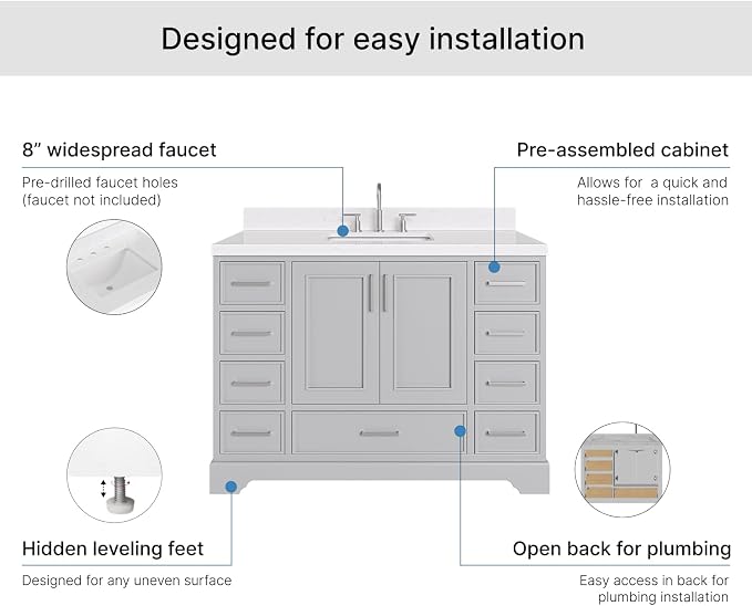 Langford 48-inch Grey Bathroom Vanity with Center Rectangle Single Sink, Carrara White Quartz Countertop & Backsplash, Solid Wood Frame, Soft-Closing & Dovetail Drawers