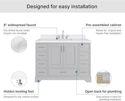 Langford 48-inch Grey Bathroom Vanity with Center Rectangle Single Sink, Carrara White Quartz Countertop & Backsplash, Solid Wood Frame, Soft-Closing & Dovetail Drawers
