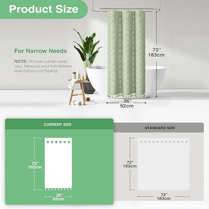 Stall Boho Shower Curtain Tufted Geometric 36"x72" Sage Green | Narrow Half Size, Elegant Tassel, Lightweight Textured Fabric, Water Repellent, Washable, for Small Bathroom/Dorm 6 Hooks