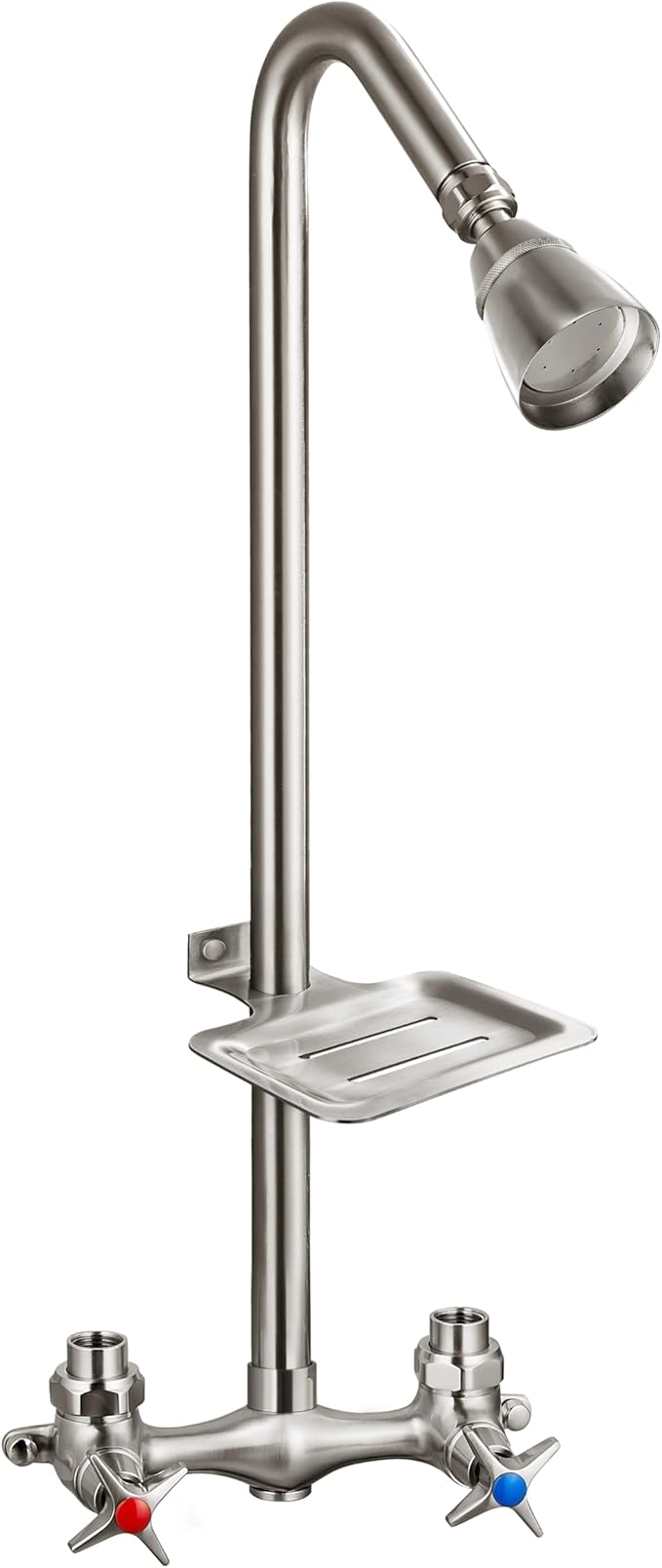 Aolemi Outdoor Shower Kit,2-Handle with Soap Dish,Brushed Nickel | Solid Brass Showerhead and Valve,SUS304 Riser,6-Inch Centers,Soap Dish,Reversible Upward/Downward Exposed Shower Install