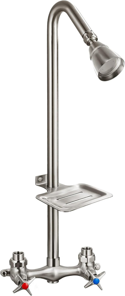 Aolemi Outdoor Shower Kit,2-Handle with Soap Dish,Brushed Nickel | Solid Brass Showerhead and Valve,SUS304 Riser,6-Inch Centers,Soap Dish,Reversible Upward/Downward Exposed Shower Install