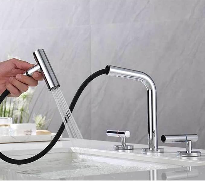 3 Hole Basin Faucets Pull Out Basin Mixer Faucet Brass 2 Mode Hot and Cold Water Double Handle Bathroom Mixer Faucet-Chrome Plated